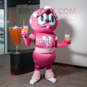 Pink American Football Helmet mascot costume character dressed with a Cocktail Dress and Gloves