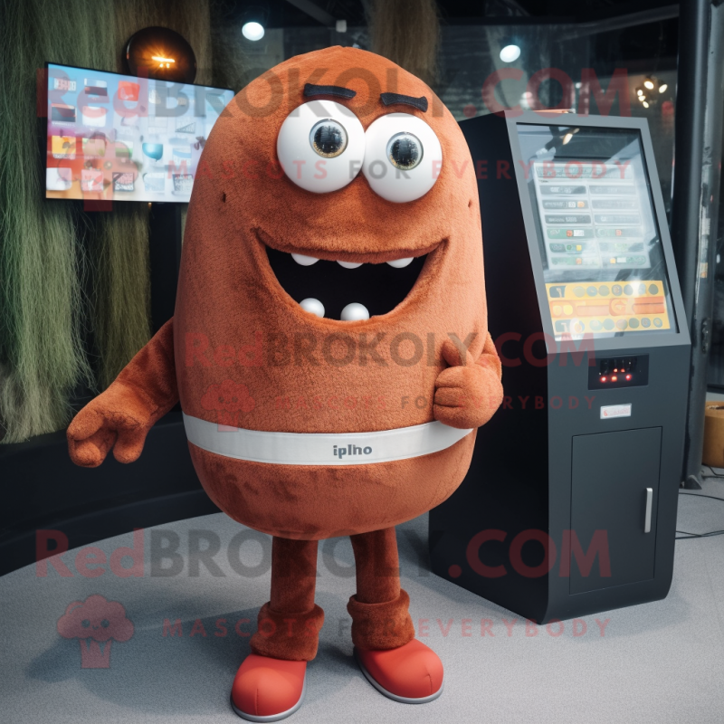 Rust Meatballs mascot costume character dressed with a Cardigan and Keychains Rust Meatballs mascot costume character dressed with a Cardigan and Keychains