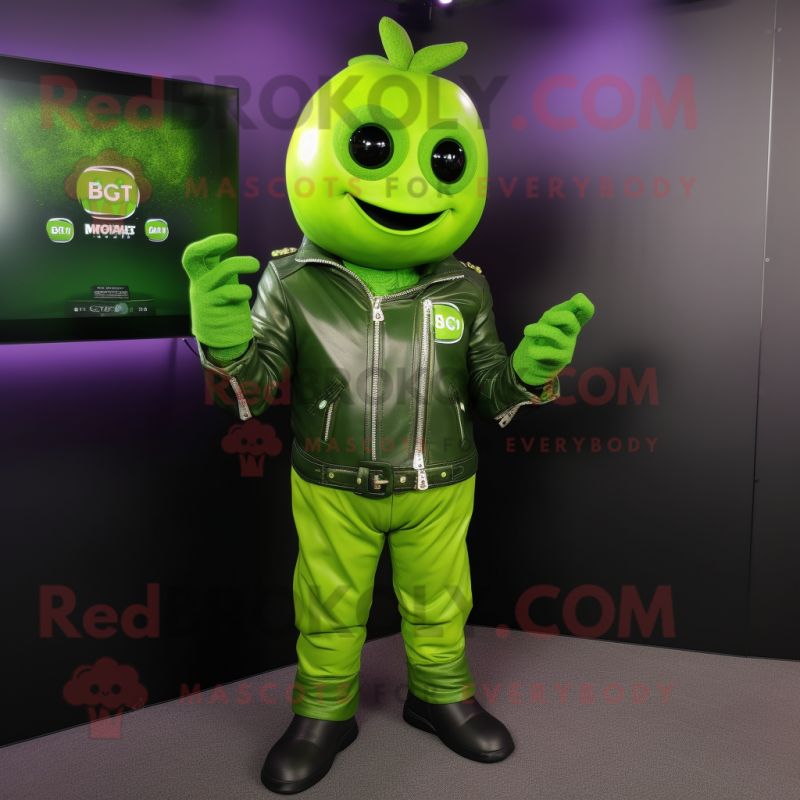 Lime Green Grape mascot costume character dressed with a Leather Jacket and Gloves