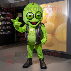 Lime Green Grape mascot costume character dressed with a Leather Jacket and Gloves