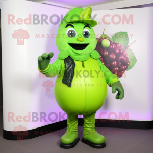 Lime Green Grape mascot costume character dressed with a Leather Jacket and Gloves