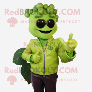 Lime Green Grape mascot costume character dressed with a Leather Jacket and Gloves