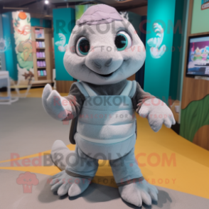 Gray Sea Turtle mascot costume character dressed with a Shift Dress and Mittens