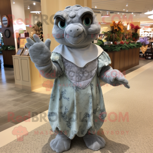 Gray Sea Turtle mascot costume character dressed with a Shift Dress and Mittens