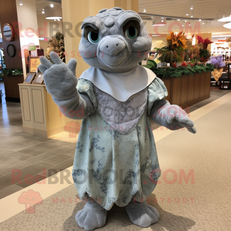 Gray Sea Turtle mascot costume character dressed with a Shift Dress and Mittens