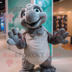 Gray Sea Turtle mascot costume character dressed with a Shift Dress and Mittens