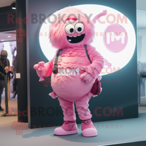 Pink Momentum mascot costume character dressed with a Romper and Brooches