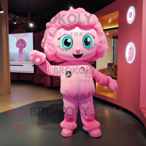 Pink Momentum mascot costume character dressed with a Romper and Brooches