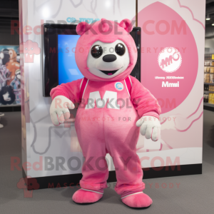 Pink Momentum mascot costume character dressed with a Romper and Brooches