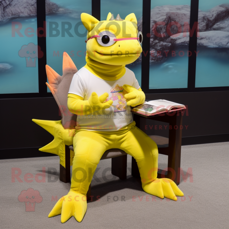 Yellow Axolotls mascot costume character dressed with a Bermuda Shorts and Reading glasses