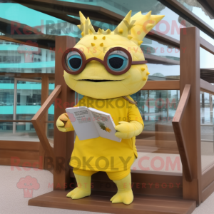 Yellow Axolotls mascot costume character dressed with a Bermuda Shorts and Reading glasses