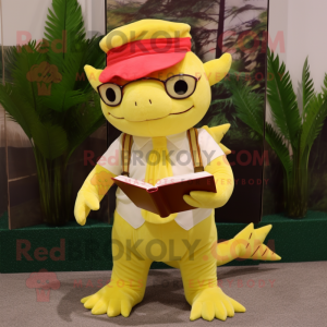 Yellow Axolotls mascot costume character dressed with a Bermuda Shorts and Reading glasses