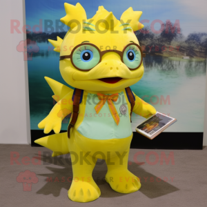 Yellow Axolotls mascot costume character dressed with a Bermuda Shorts and Reading glasses