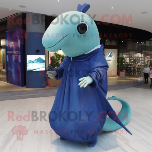 Olive Blue Whale mascot costume character dressed with a Evening Gown and Smartwatches