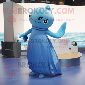 Olive Blue Whale mascot costume character dressed with a Evening Gown and Smartwatches