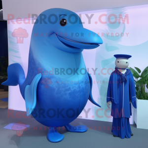 Olive Blue Whale mascot costume character dressed with a Evening Gown and Smartwatches