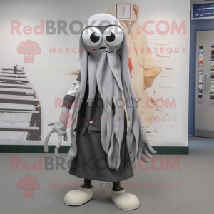 Gray Squid mascot costume character dressed with a Dress Shirt and Scarves