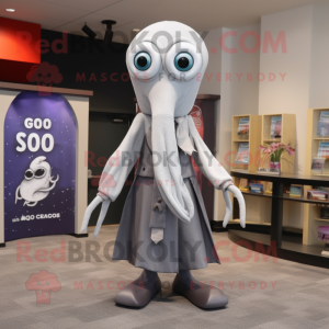 Gray Squid mascot costume character dressed with a Dress Shirt and Scarves