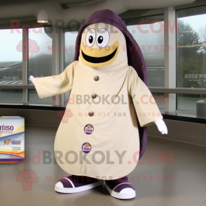 Beige Eggplant mascot costume character dressed with a Cover-up and Foot pads