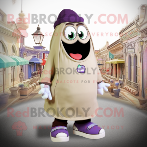 Beige Eggplant mascot costume character dressed with a Cover-up and Foot pads