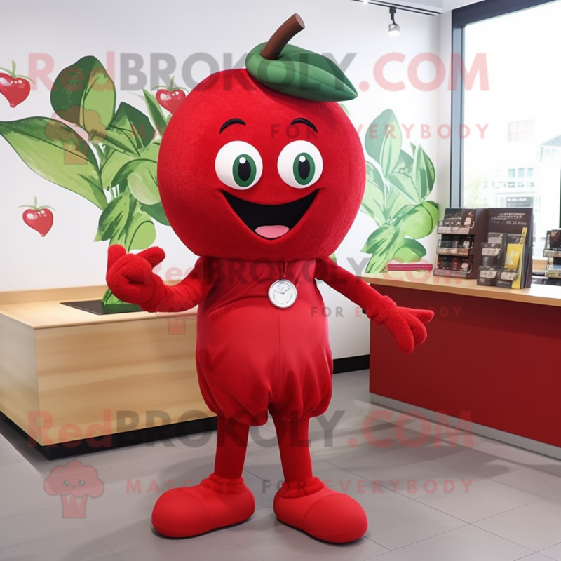 Red Cherry mascot costume character dressed with a Bodysuit and Shoe laces Red Cherry mascot costume character dressed with a Bodysuit and Shoe laces