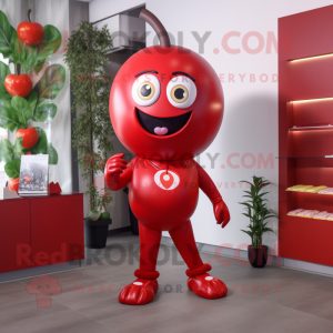 Red Cherry mascot costume character dressed with a Bodysuit and Shoe laces