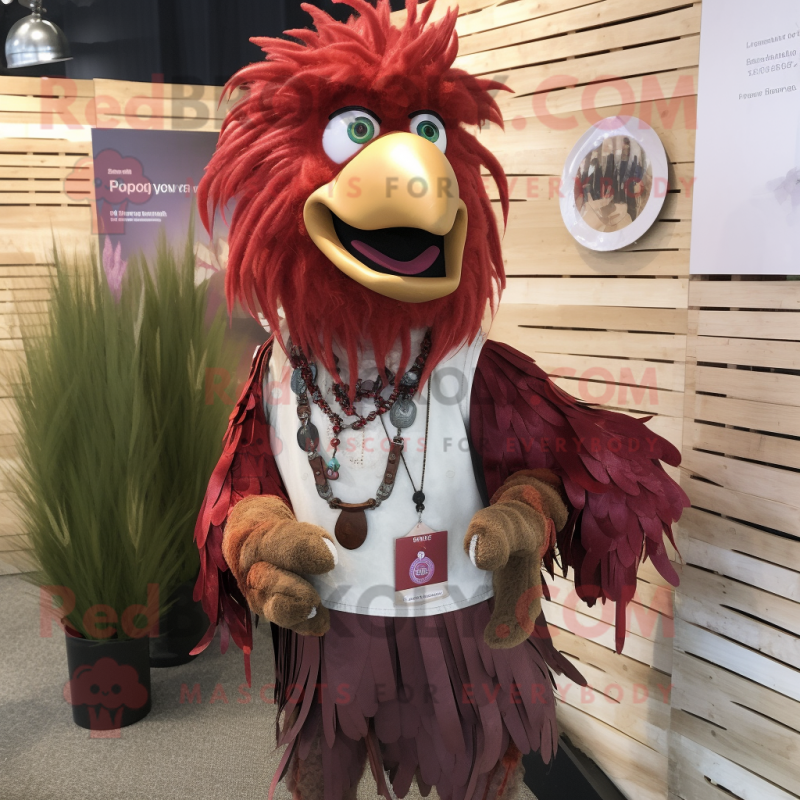 Maroon Rooster mascot costume character dressed with a Dungarees and Hairpins