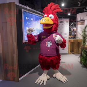 Maroon Rooster mascot costume character dressed with a Dungarees and Hairpins