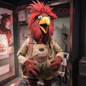 Maroon Rooster mascot costume character dressed with a Dungarees and Hairpins