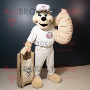 White Pizza mascot costume character dressed with a Baseball Tee and Tote bags