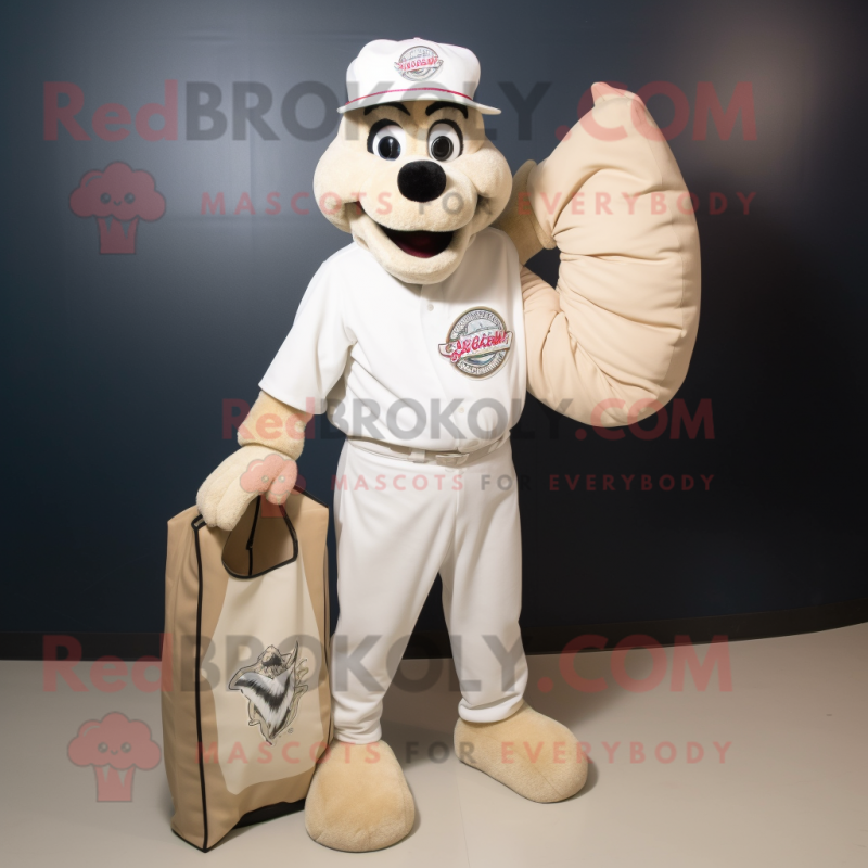 White Pizza mascot costume character dressed with a Baseball Tee and Tote bags