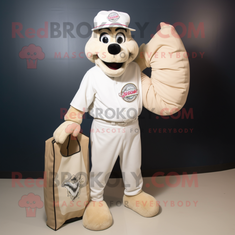 White Pizza mascot costume character dressed with a Baseball Tee and Tote bags White Pizza mascot costume character dressed with a Baseball Tee and Tote bags