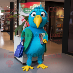 Turquoise Parrot mascot costume character dressed with a Jeggings and Tote bags