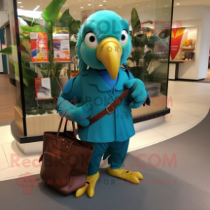 Turquoise Parrot mascot costume character dressed with a Jeggings and Tote bags