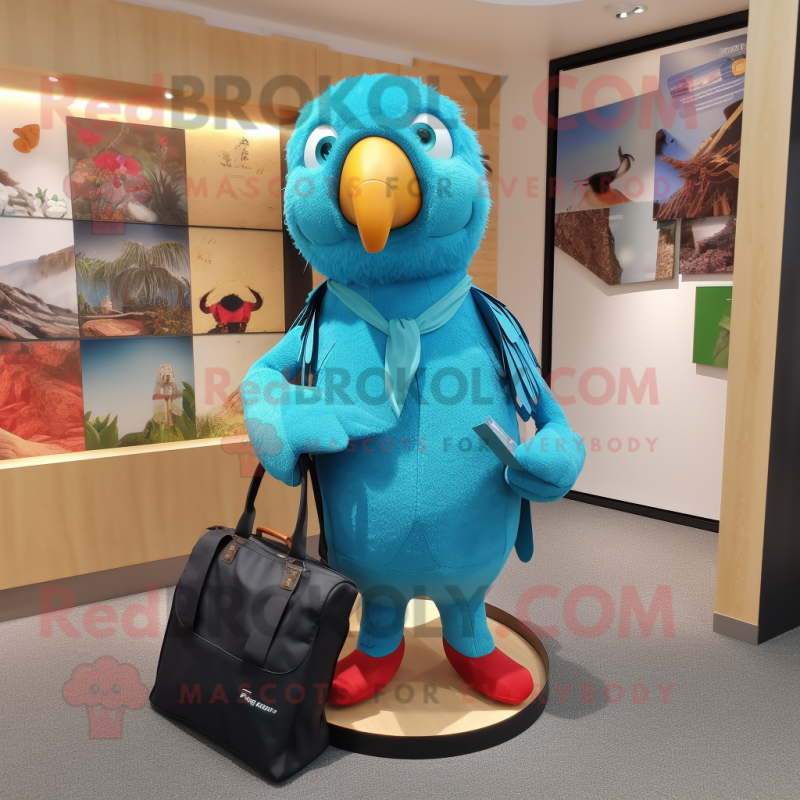 Turquoise Parrot mascot costume character dressed with a Jeggings and Tote bags