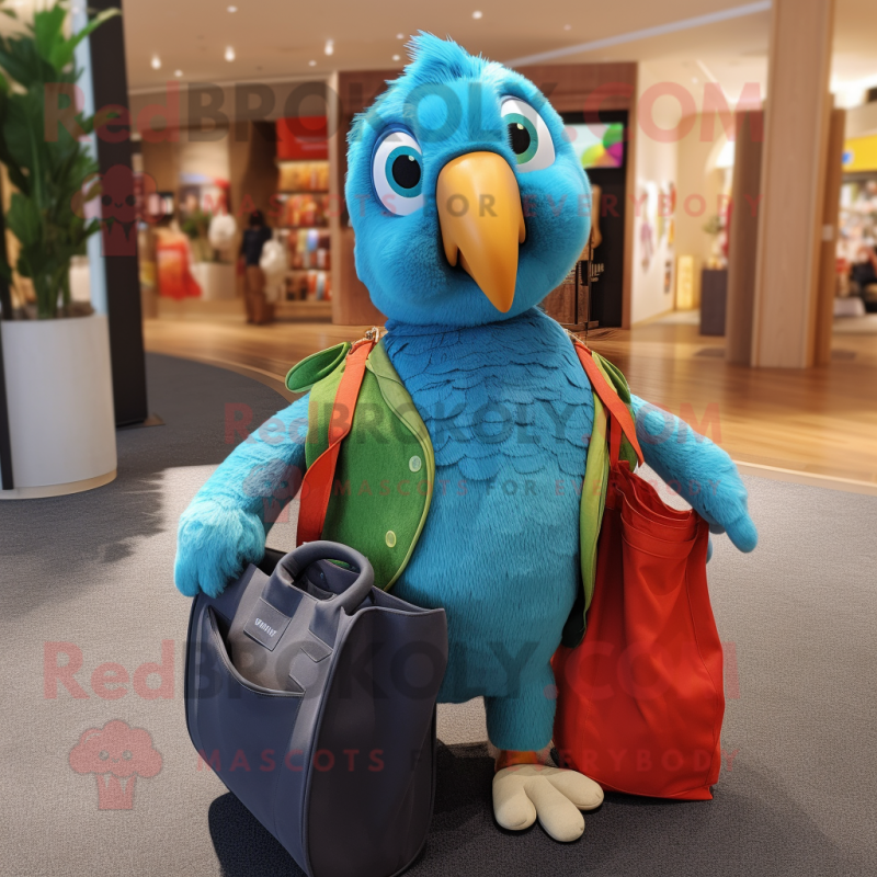 Turquoise Parrot mascot costume character dressed with a Jeggings and Tote bags