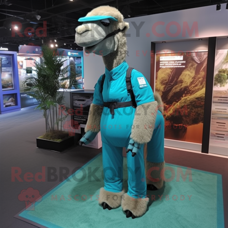 Teal Camel mascot costume character dressed with a Bodysuit and Suspenders