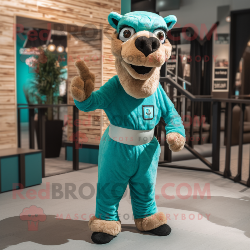 Teal Camel mascot costume character dressed with a Bodysuit and Suspenders