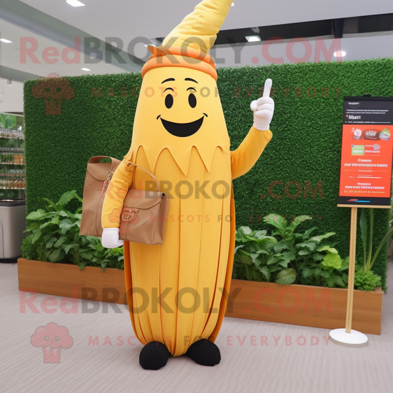 Gold Carrot mascot costume character dressed with a Sheath Dress and Wallets Gold Carrot mascot costume character dressed with a Sheath Dress and Wallets