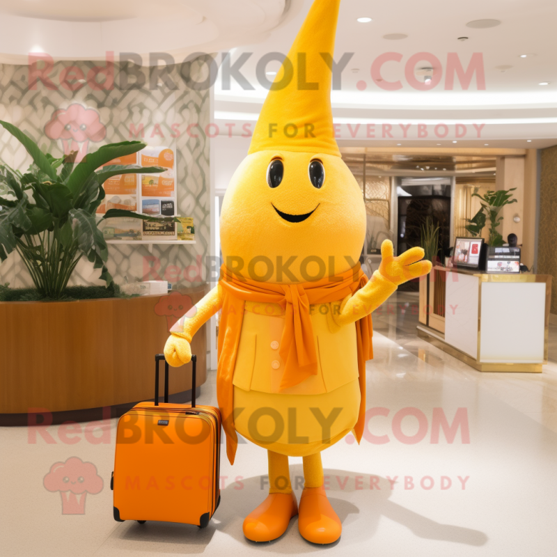Gold Carrot mascot costume character dressed with a Sheath Dress and Wallets Gold Carrot mascot costume character dressed with a Sheath Dress and Wallets