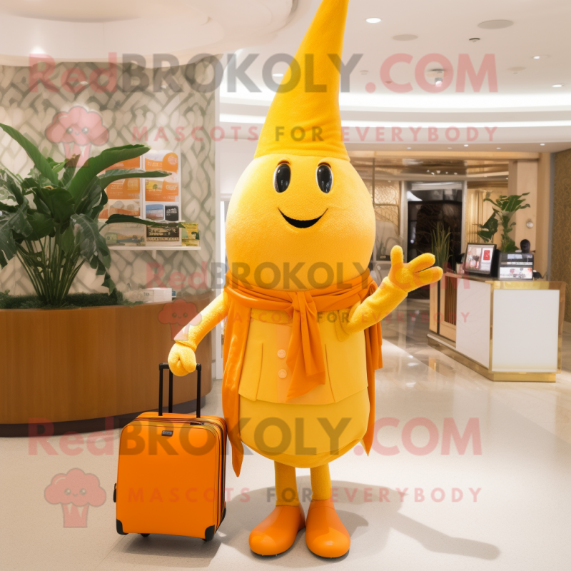 Gold Carrot mascot costume character dressed with a Sheath Dress and Wallets