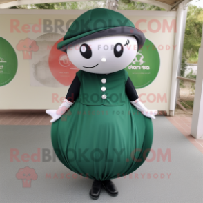 Forest Green Petanque Ball mascot costume character dressed with a Circle Skirt and Hats