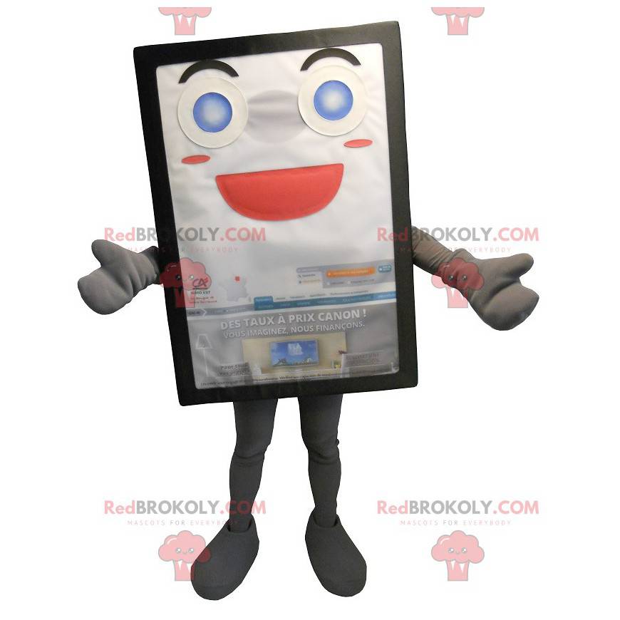 Mascota de cartelera publicitaria gris y sonriente -