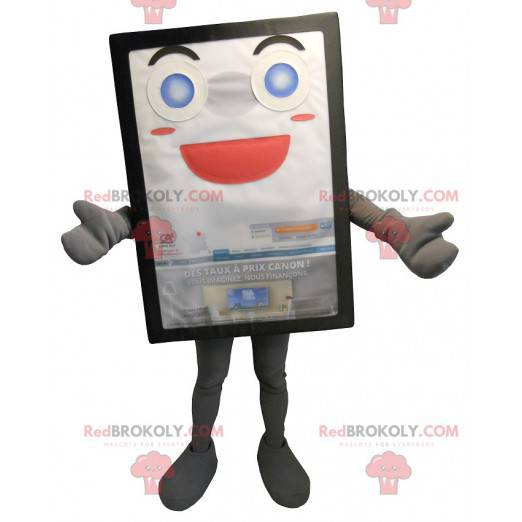 Mascota de cartelera publicitaria gris y sonriente -