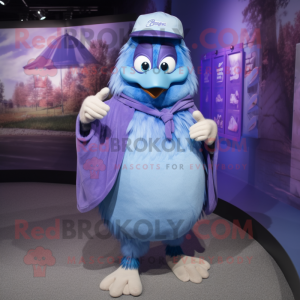 Purple Blue Jay mascot costume character dressed with a Baseball Tee and Shawl pins
