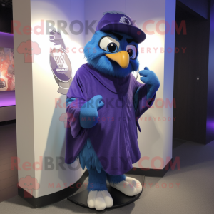 Purple Blue Jay mascot costume character dressed with a Baseball Tee and Shawl pins