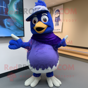 Purple Blue Jay mascot costume character dressed with a Baseball Tee and Shawl pins