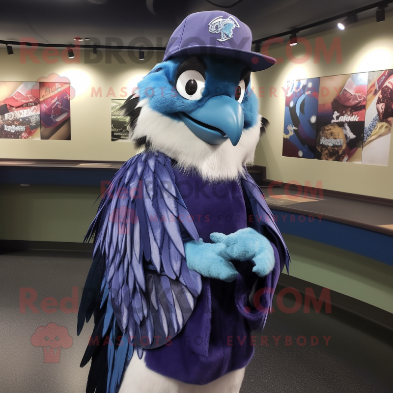 Purple Blue Jay mascot costume character dressed with a Baseball Tee and Shawl pins