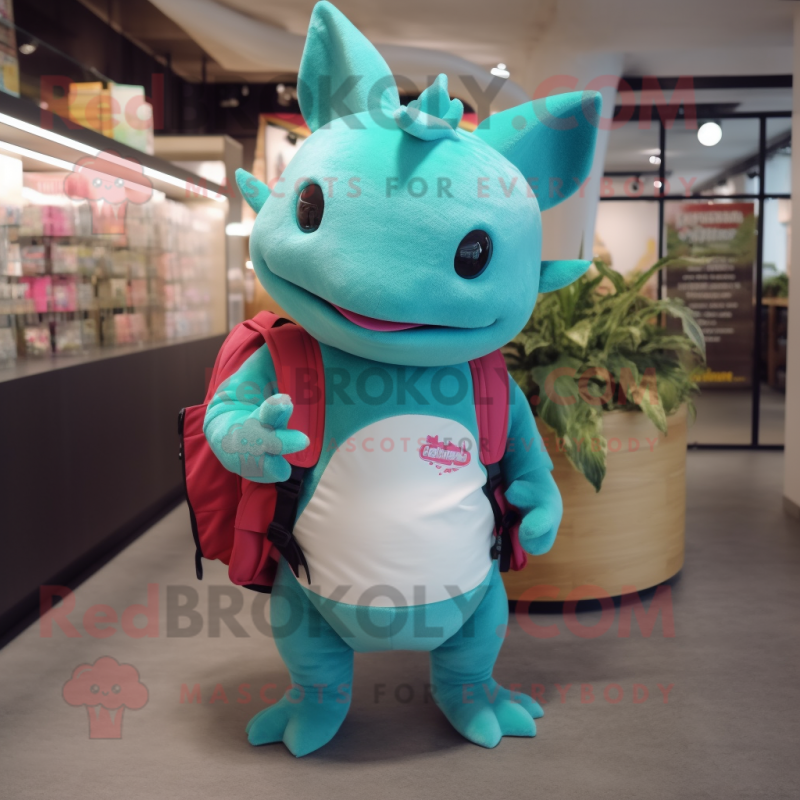 Turquoise Axolotls mascot costume character dressed with a T-Shirt and Wallets Turquoise Axolotls mascot costume character dressed with a T-Shirt and Wallets