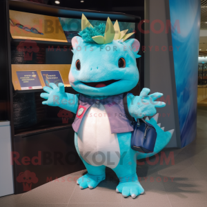 Turquoise Axolotls mascot costume character dressed with a T-Shirt and Wallets